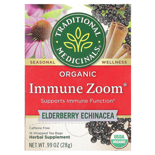 Traditional Medicinals Organic Immune Zoom®, Elderberry Echinacea, Caffeine Free, 16 Wrapped Tea Bags, 0.99 oz (28 g)