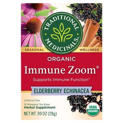 

Traditional Medicinals Organic Immune Zoom Elderberry Echinacea Caffeine Free 16 Wrapped Tea Bags 0.06 oz (1.75 g) Each