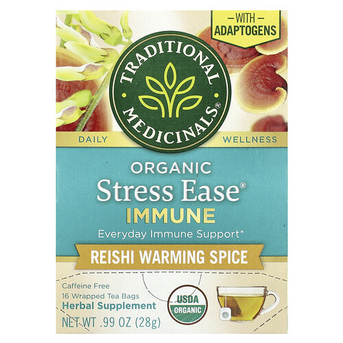 Traditional Medicinals Organic Stress Ease® Immune, Reishi Warming Spice, Caffeine Free, 16 Wrapped Tea Bags, 0.99 oz (28 g)