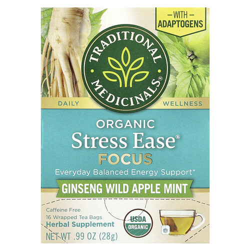 Traditional Medicinals Organic Stress Ease® Focus, Ginseng Wild Apple Mint, Caffeine Free, 16 Wrapped Tea Bags, 0.99 oz (28 g)