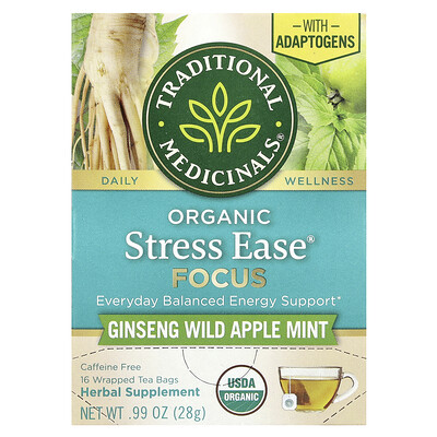 Product Image for Traditional Medicinals, Organic Stress Ease Focus, Ginseng Wild Apple Mint, Caffeine Free, 16 Wrapped Tea Bags, 0.99 oz (28 g)