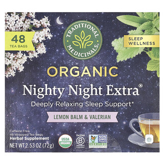 Traditional Medicinals, Nighty Night Extra® orgánico, Toronjil y valeriana orgánicos, Sin cafeína, 48 bolsitas de té en envoltorio, 72 g (2,53 oz)