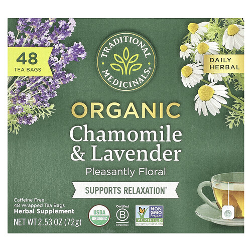 Traditional Medicinals, Organic Chamomile & Lavender, Caffeine Free, 48 Wrapped Tea Bags, 2.53 oz (72 g)