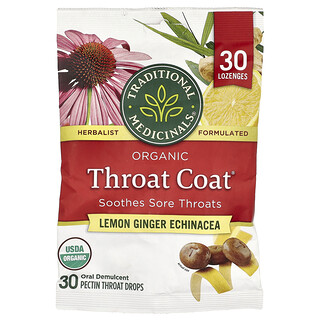 Traditional Medicinals, Organiska Throat Coat®-droppar, citron-ingefära-echinacea, 30 pektin-halsdroppar