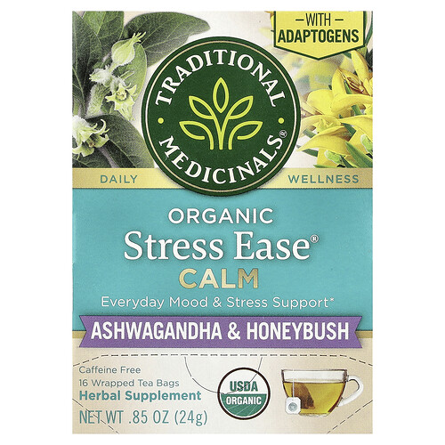 Traditional Medicinals Organic Stress Ease® Calm, Ashwagandha & Honeybush, Caffeine Free, 16 Wrapped Tea Bags, 0.85 oz (24 g)
