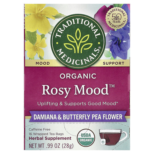 Traditional Medicinals Organic Rosy Mood™, Damiana & Butterfly Pea Flower, Caffeine Free, 16 Wrapped Tea Bags, 0.99 oz (28 g)