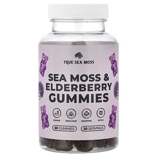 True Sea Moss, жувальні таблетки з морським мохом і бузиною, 60 шт