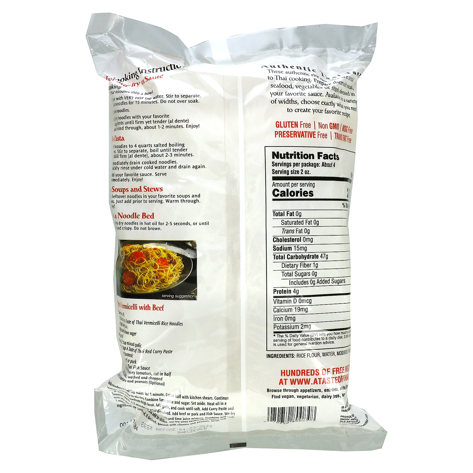 A Taste Of Thai, Vermicelli Rice Noodles, Angel Hair, 8.8 oz (250 g)