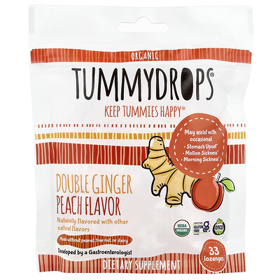 Tummydrops, Gotas de doble jengibre y melocotón orgánico, 33 pastillas