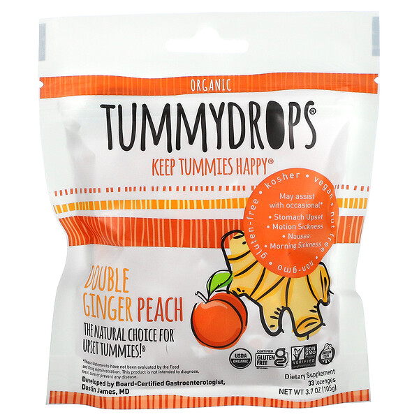 Tummydrops‏, Organic, Double Ginger Peach, 33 Lozenges, 3.7 oz (105 g)