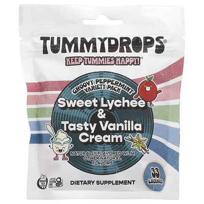 Tummydrops  Groovy Peppermint Variety Pack  Sweet Lychee & Tasty Vanilla Cream   33 Lozenges