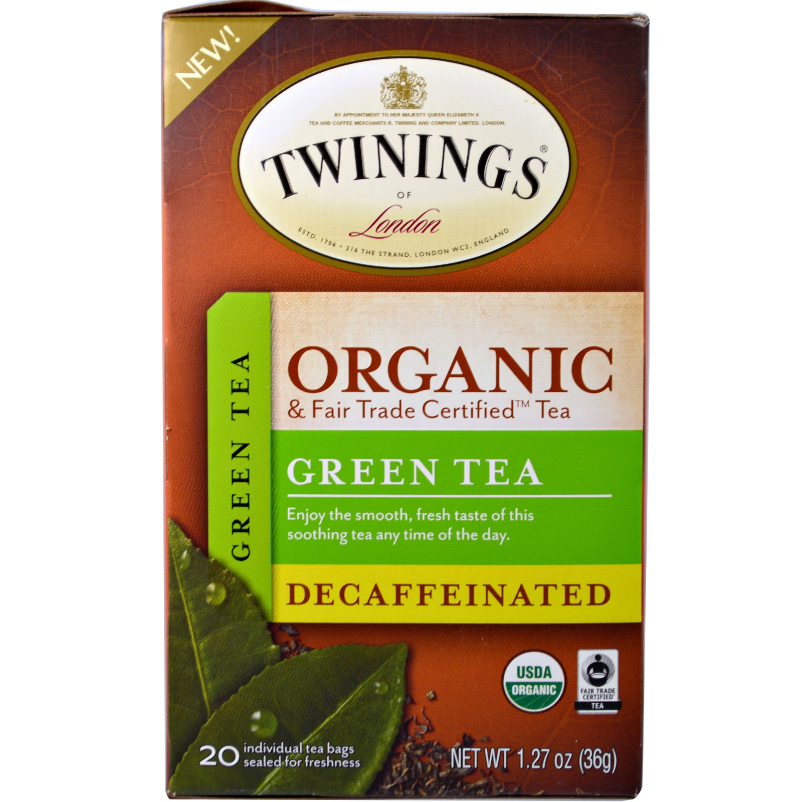 Twinings, Organic Green Tea, Decaffeinated, 20 Tea Bags 1.27 oz (36 g