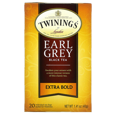 Twinings Black Tea, Earl Grey, Extra Bold, 20 чайных пакетиков, 40 г (1,41 унции)