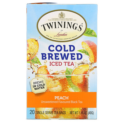 Купить Twinings холодный чай со льдом, несладкий черный чай, со вкусом персика, 20 чайных пакетиков на одну порцию, 40 г (1, 41 унции)