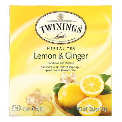 Купить Twinings травяной чай, лимон и имбирь, без кофеина, 50 чайных пакетиков, 75 г (2, 65 унции)