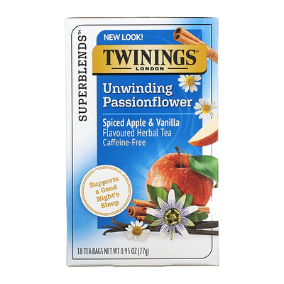 Twinings Успокаивающий травяной чай, страстоцвет и ромашка, пряное яблоко и ваниль, без кофеина, 18 пакетиков по 0,95 унц. (27 г)