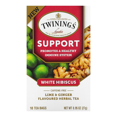 Twinings Support, травяной чай из белого гибискуса, лайм и имбирь, без кофеина, 18 чайных пакетиков, 27 г (0,95 унции)
