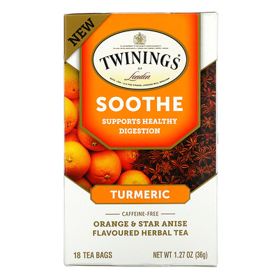 Twinings Успокаивающий травяной чай, куркума, апельсин и анис звездчатый, без кофеина, 18 пакетиков по 1,27 унц. (36 г)