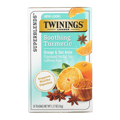 Twinings Успокаивающий травяной чай, куркума, апельсин и анис звездчатый, без кофеина, 18 пакетиков по 1,27 унц. (36 г)