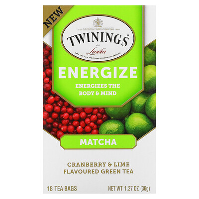 Купить Twinings бодрящий зеленый чай с матчей, клюквой и лаймом, 18 чайных пакетиков, 36 г (1, 27 унции)