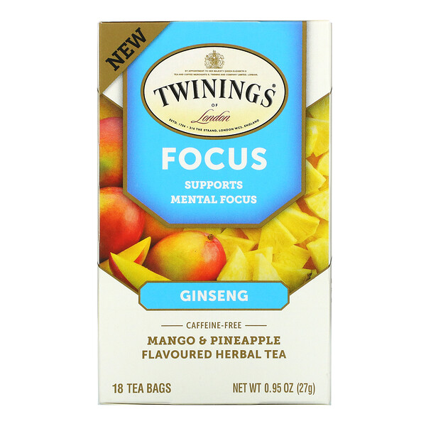Focus Herbal Tea, Ginseng, Mango & Pineapple, Caffeine Free, 18 Tea Bags, 0.95 oz (27 g)