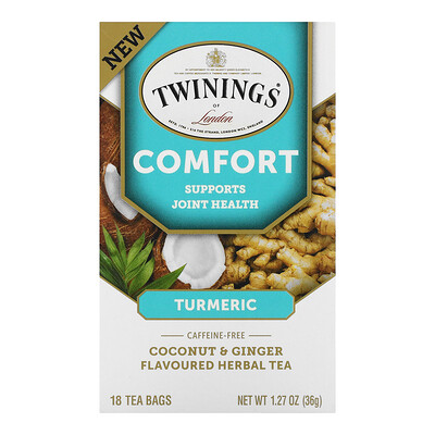 Купить Twinings Комфортный травяной чай, куркума, кокос и имбирь, без кофеина, 18 чайных пакетиков, 36 г (1, 27 унции)