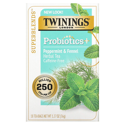 Twinings Probiotics, травяной чай, перечная мята и фенхель, без кофеина, 18 чайных пакетиков, 36 г (1,27 унции)