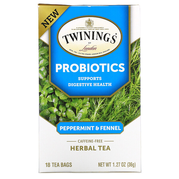 Twinings‏, Probiotics Herbal Tea, Peppermint & Fennel, Caffeine-Free, 18 Tea Bags, 1.27 oz (36 g)
