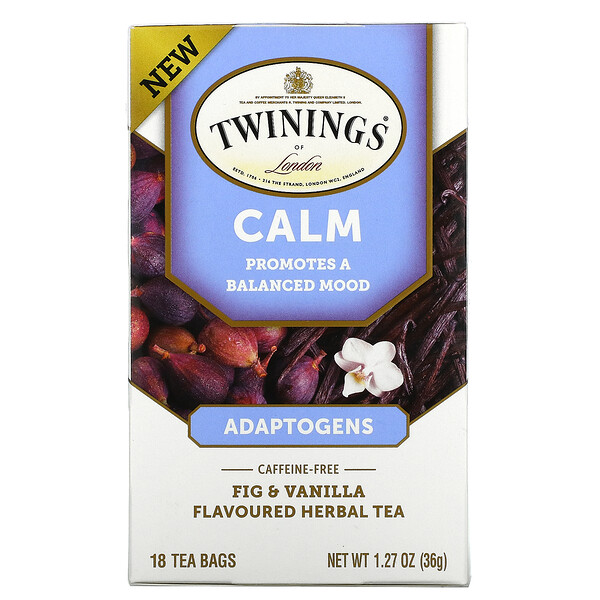 Calm, Adaptogens, Fig & Vanilla Flavored Herbal Tea, Caffeine Free, 18 Tea Bags, 1.27 oz (36 g)