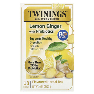 Twinings, Tisana aromatizzata, limone e zenzero con probiotici, senza caffeina, 18 bustine di tè, 27 g