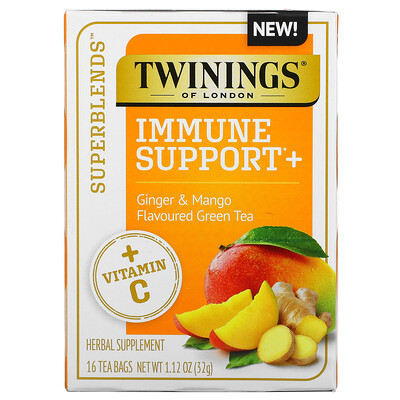 Купить Twinings Superblends, поддержка иммунитета, с витамином C, зеленым чаем с имбирем и манго, 16 чайных пакетиков, 32 г (1, 12 унции) каждый