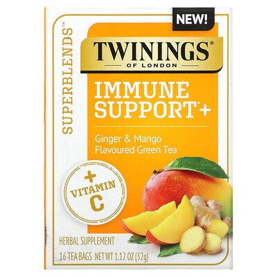 Twinings Superblends, поддержка иммунитета, с витамином C, зеленым чаем с имбирем и манго, 16 чайных пакетиков, 32 г (1,12 унции) каждый