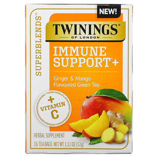 Twinings, Superblends, поддержка иммунитета, с витамином C, зеленым чаем с имбирем и манго, 16 чайных пакетиков, 32 г (1,12 унции) каждый