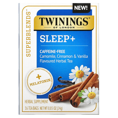

Twinings Sleep+ with Melatonin Herbal Tea Camomile Cinnamon & Vanilla Caffeine Free 16 Tea Bags 0.85 oz (24 g)