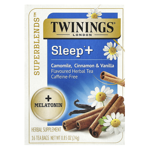 Twinings Sleep+ with Melatonin Herbal Tea, Camomile, Cinnamon & Vanilla, Caffeine Free, 16 Tea Bags, 0.85 oz (24 g)