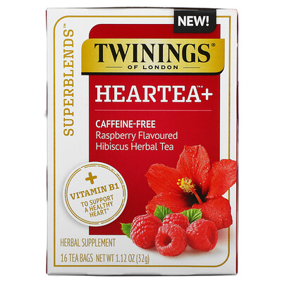 Купить Twinings Superblends, Heartea с витамином B1, малина, травяной чай из гибискуса, без кофеина, 16 чайных пакетиков, 32 г (1, 12 унции)
