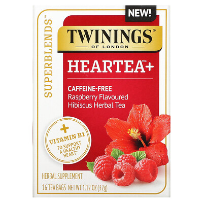Twinings Superblends, Heartea с витамином B1, малина, травяной чай из гибискуса, без кофеина, 16 чайных пакетиков, 32 г (1,12 унции)