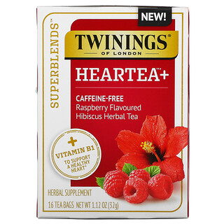Twinings, Superblends, Heartea with Vitamin B1, Raspberry, Hibiscus Herbal Tea, Caffeine Free, 16 Tea Bags, 1.12 oz (32 g)