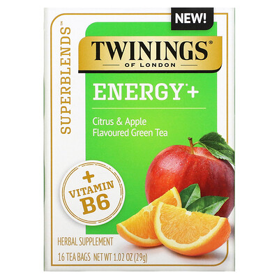 Twinings, Energy+ Green Tea, Citrus & Apple, 16 Tea Bags 1.02 oz (29 g)