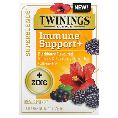 Twinings Superblends, Immune Support, травяной чай из гибискуса и бузины, ежевика, без кофеина, 16 чайных пакетиков, 32 г (1,12 унции)