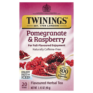 Twinings, Ízesített gyógytea, gránátalma és málna, koffeinmentes, 20 tasak teás, 40 g