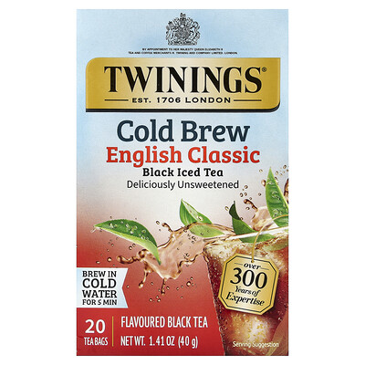 Product Image for Twinings, Cold Brewed Iced Tea, Black Tea, English Classic, Unsweetened, 20 Tea Bags, 1.41 oz (40 g)