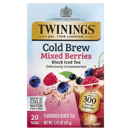 Twinings Cold Brewed Iced Tea, Black Tea, Mixed Berries, Unsweetened, 20 Tea Bags, 1.41 oz (40 g)