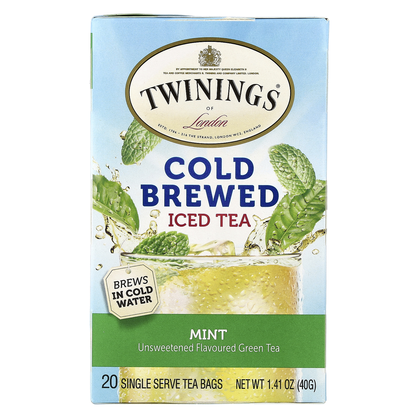 Cold Brewed Iced Tea, Green Tea, Mint, Unsweetened, 20 Single