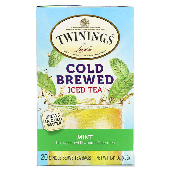 Twinings, Cold Brewed Iced Tea, Unsweetened Flavored Green Tea, Mint, 20 Tea Bags, 1.41 oz (40 g)