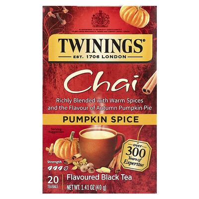 Twinings  Flavored Black Tea  Chai  Pumpkin Spice  20 Tea Bags  1.41 oz (40 g)