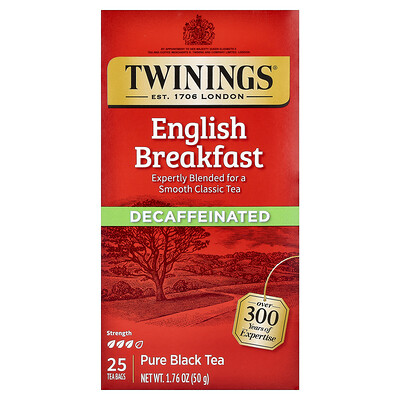 Product Image for Twinings, Pure Black Tea, English Breakfast, Decaffeinated, 25 Tea Bags, 1.76 oz (50 g)