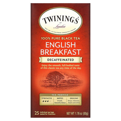 Купить Twinings 100% чистый черный чай, английский завтрак, без кофеина, 25 чайных пакетиков, 50 г (1, 76 унции)