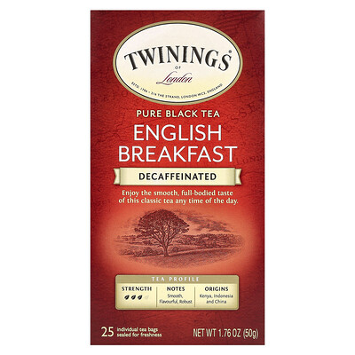 Twinings  Pure Black Tea  English Breakfast  Decaffeinated  25 Tea Bags  1.76 oz (50 g)