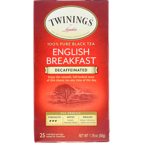 Twinings‏, 100% תה שחור טהור, ארוחת בוקר אנגלית, נטול קפאין, 25 שקיות תה, 50 גרם (1.76 אונקיות)